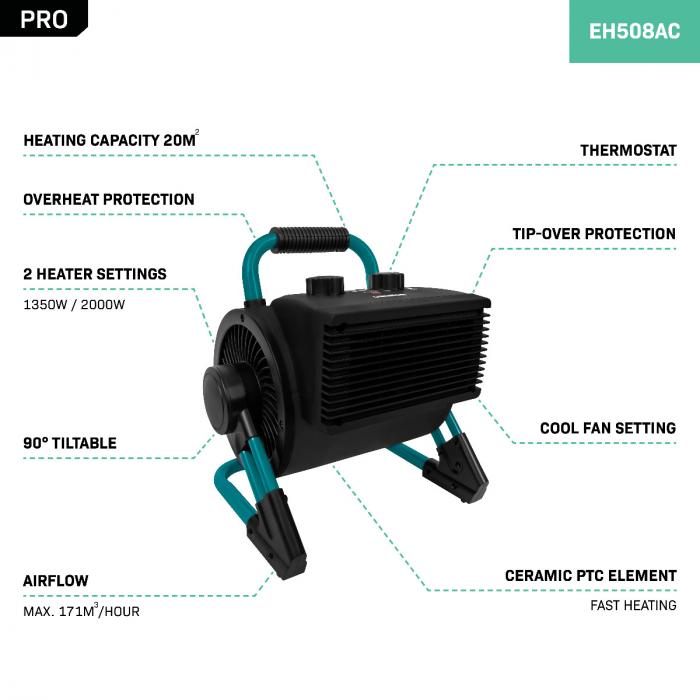 VONROC PRO Elektrische ventilatorkachel - 1350W/2000W - keramisch | 900 kantelbaar