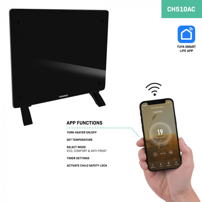 Luxe elektrische kachel – Convector - Glazen paneel – 1000W - Zwart | WIFI