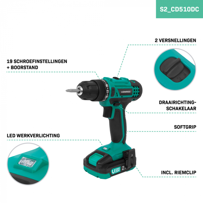 Cordless Drill 20V | Incl. 2x 2.0Ah batteries and charger