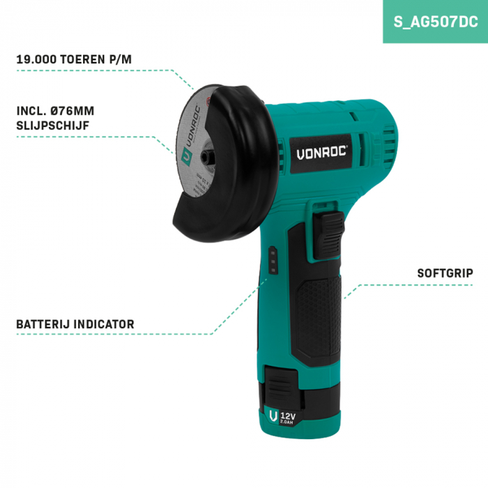 Cordless Angle Grinder 12V | Incl. Battery, USB-C Cable, and Cutting disc