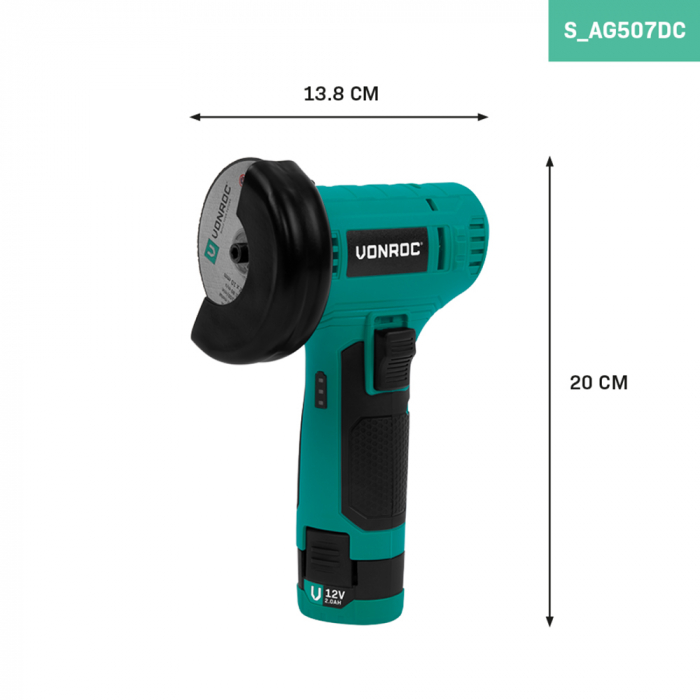 VONROC Accu Haakse Slijper 12V | Incl. Accu, usb-c kabel en slijpschijf